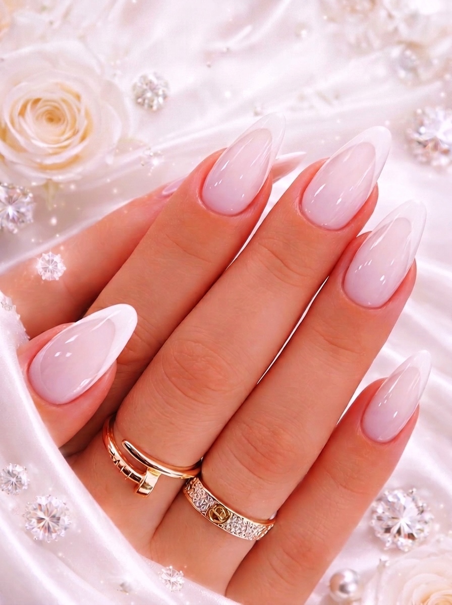 Almond nails in a soft pink-to-white French ombre, done in dipping powder
