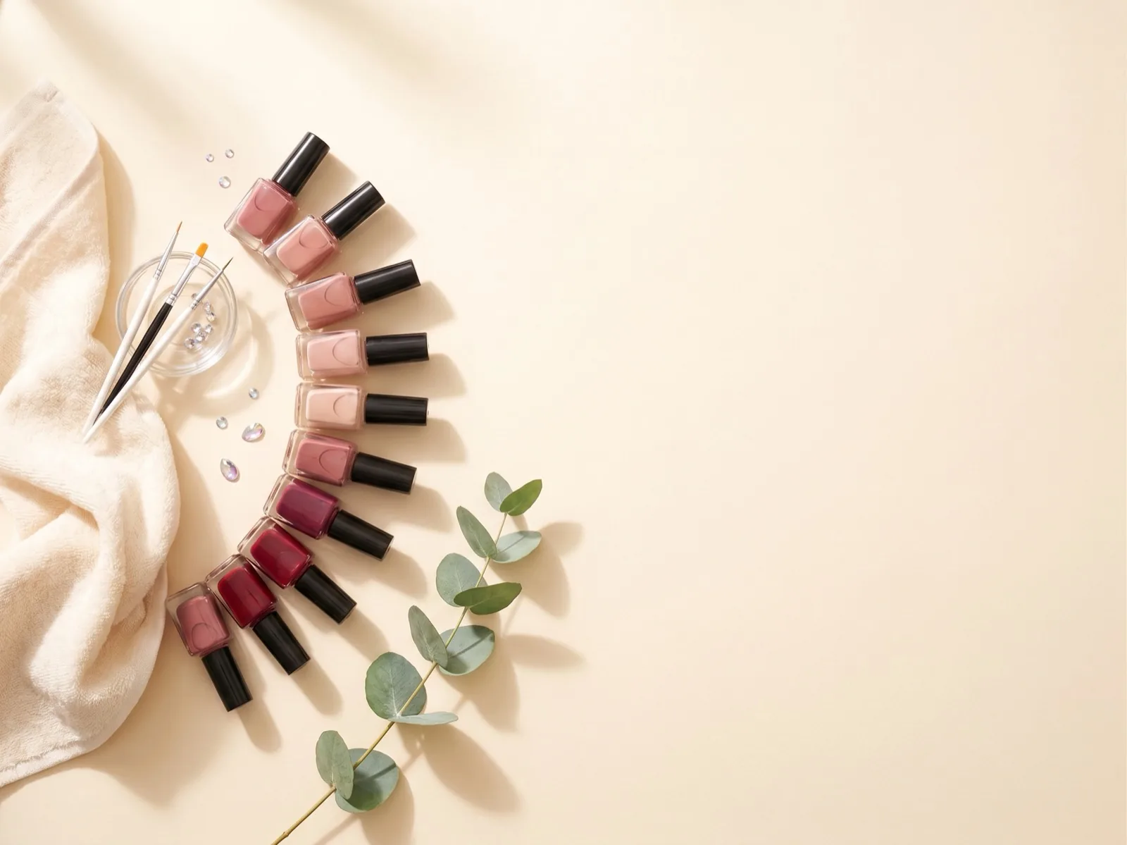 Nail polish bottles in rose and berry shades laid out with art brushes and gems