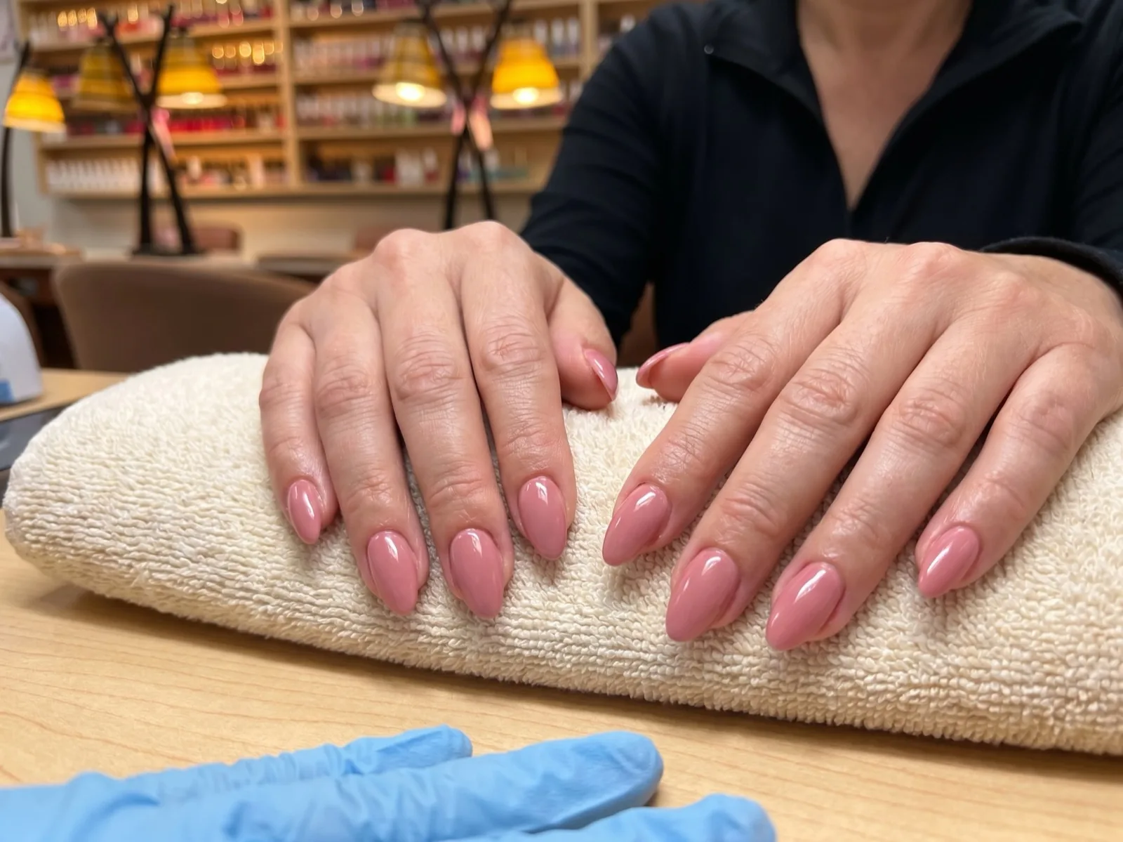 Almond-shaped nails in a soft rose pink resting on a salon towel
