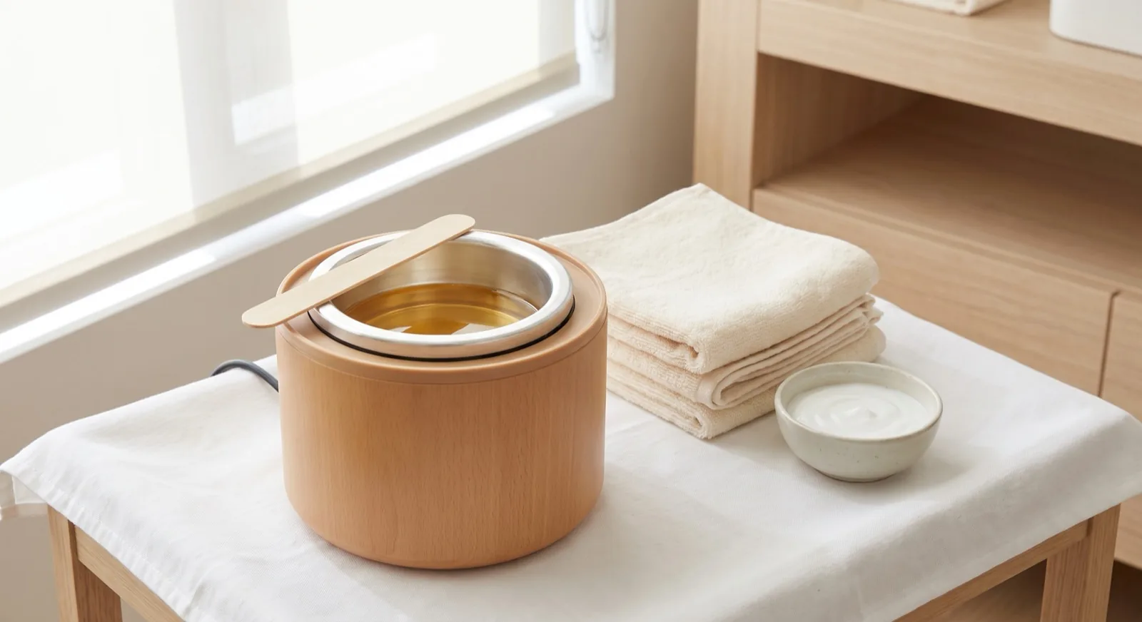 Warm wax pot, spatula, and folded towels set out on a treatment table