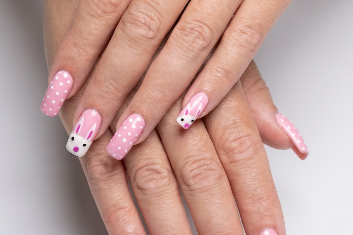 Soft pink coffin nails with white polka dots and hand-painted bunny faces